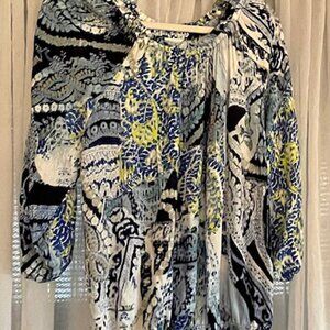 DESIGUAL Artsy Blue Print Long Sleeve Off Shoulder Tunic Top